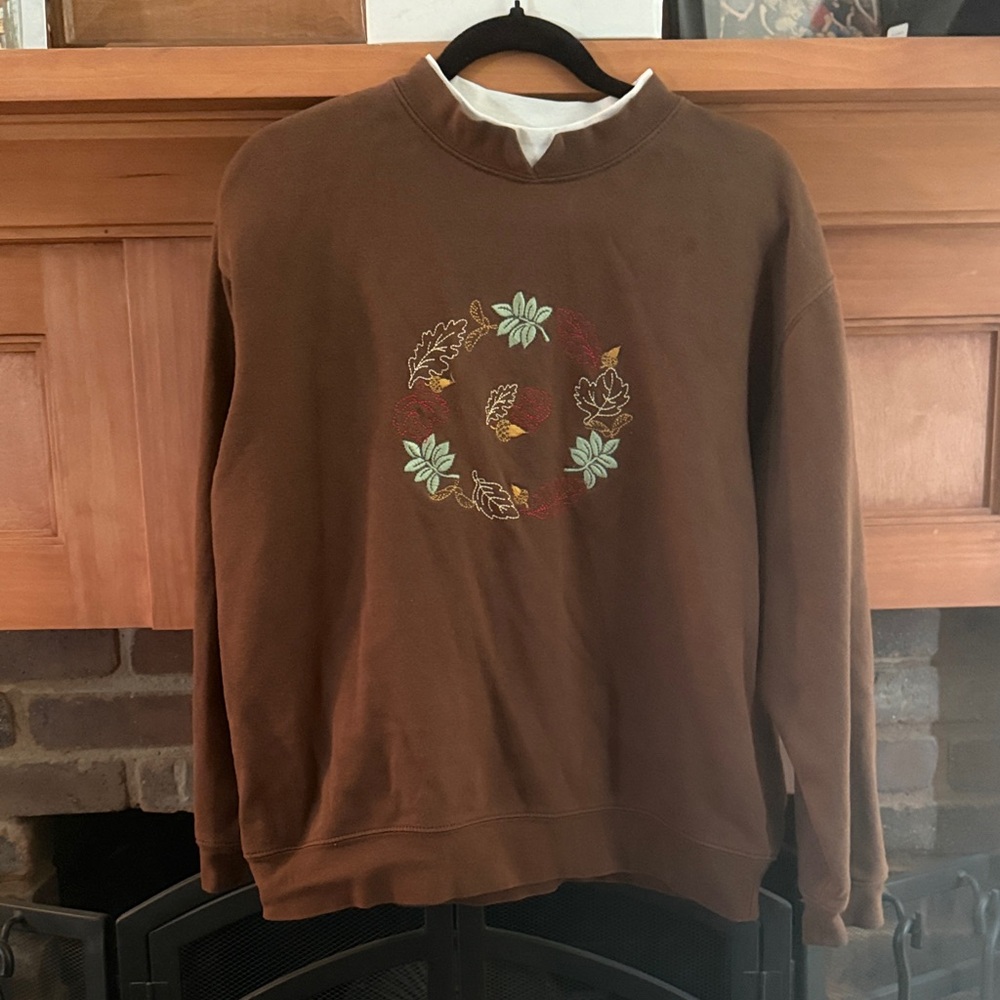 VTG Anthony Richards Brown Crewneck Sweatshirt Autumn Leaf Embroidery Size L